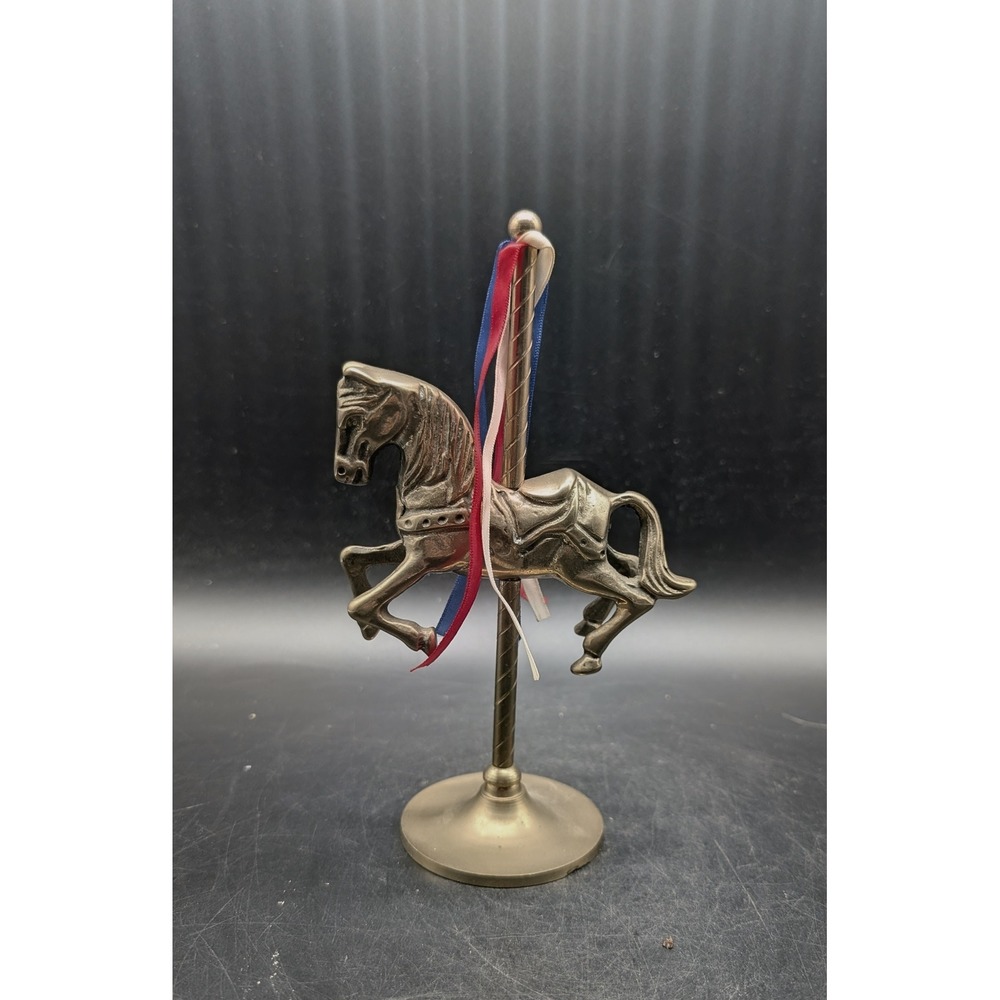 Vintage Brass Carousel Horse Figurine with Ribbons Made in Taiwan Gold Decor 6"